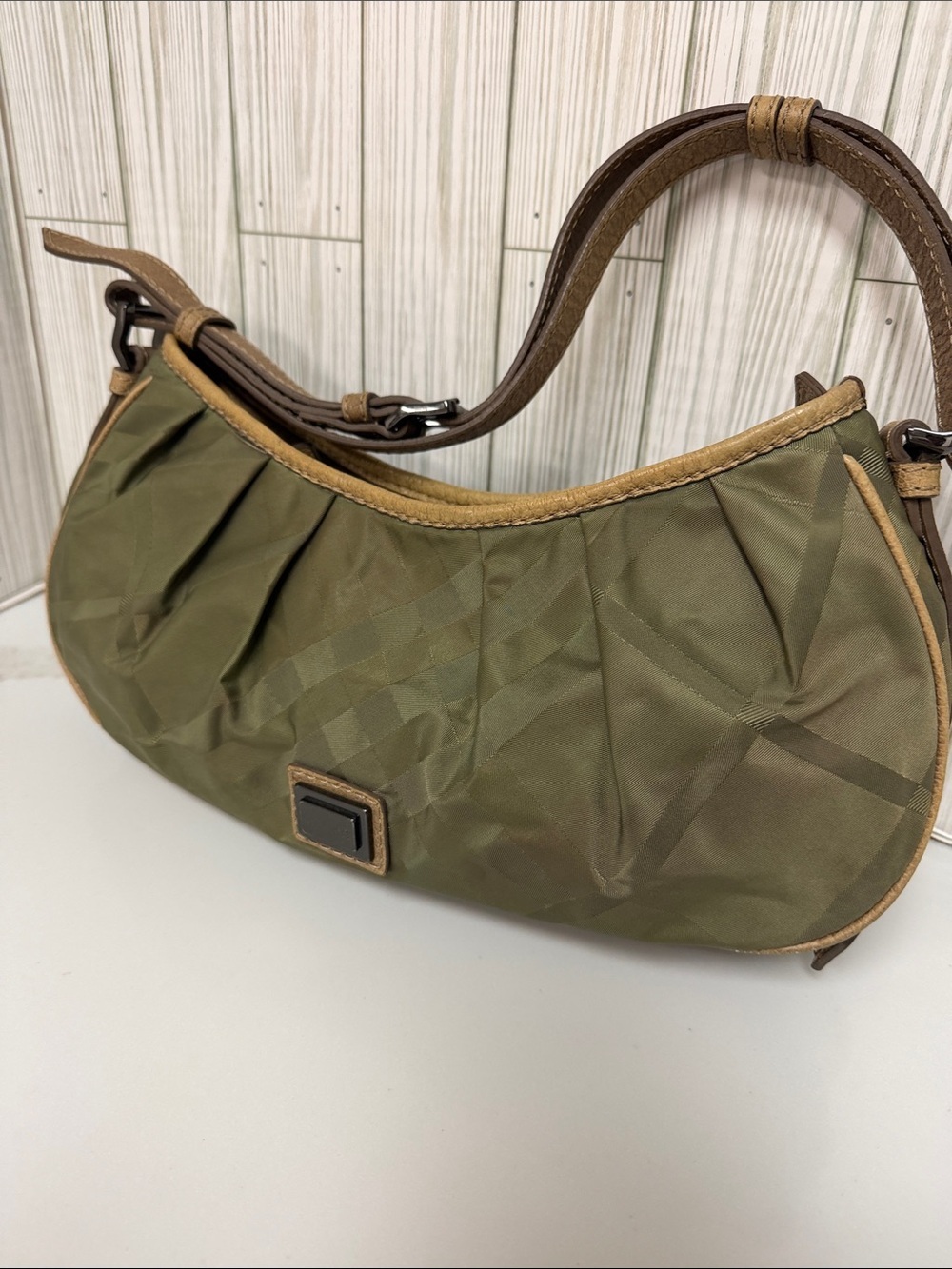Burberry Shoulder Bag Olive Green Nylon Hobo Tote with Leather Trim - Picture 17 of 17